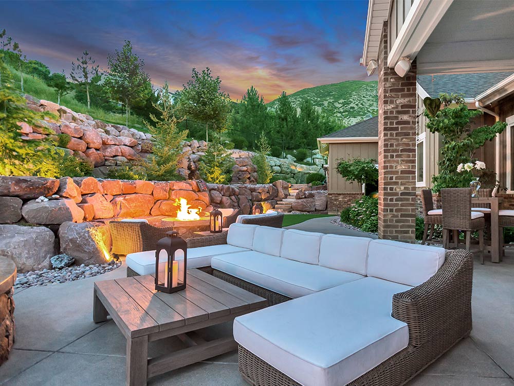 stone fire pit, rock walls, terraced walls, fire pit